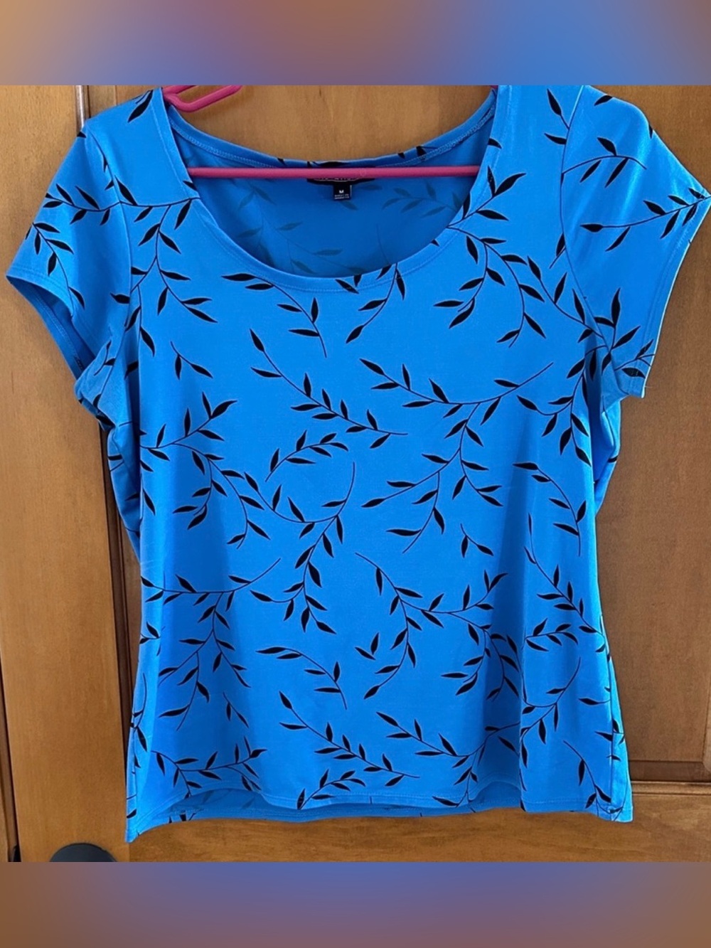Notations Blue Black Leaf Vine Print Short Sleeve Scoop Neck Blouse Top Size M